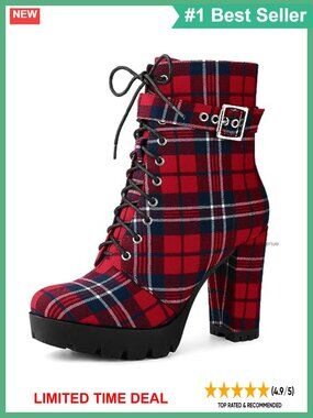 Plaid Lace Up Platform Chunky Heel Combat Ankle Boots